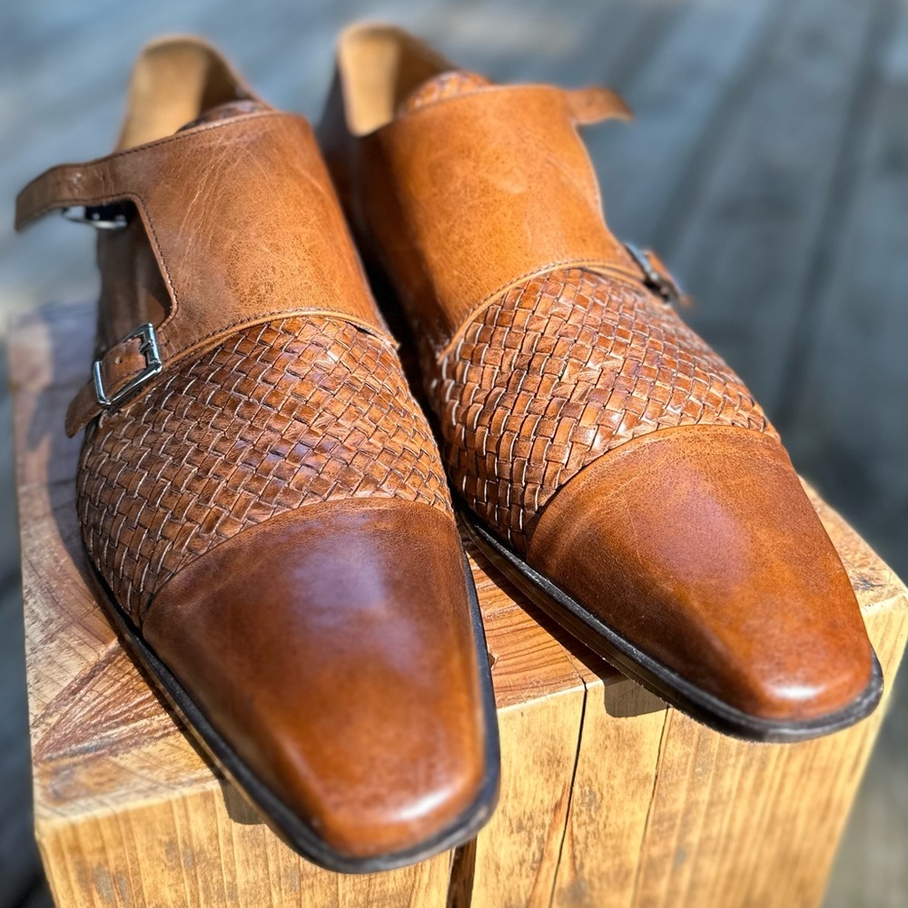 MERCANTI FIORENTINI Italian Woven Leather Cap Toe Monk Strap Oxford Shoes - 11.5